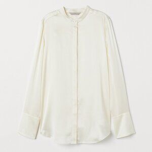New H&M Pure Silk Stand-up Collar Blouse, Cream, Size 16